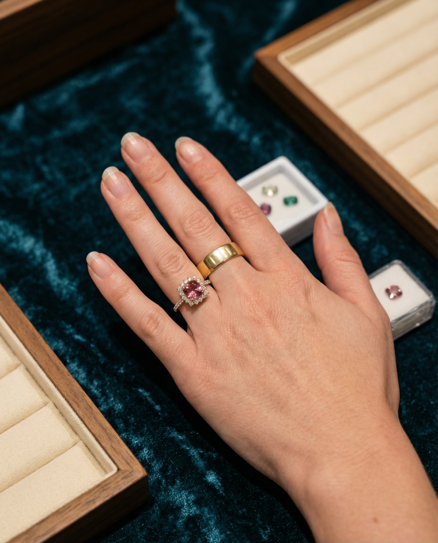 Client trying on a tourmaline ring at the Round Table event